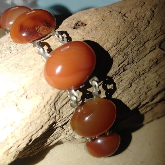 Silvertone Carnelian Agate looking Amber Link Bracelet Oval Cabochons Vintage - Picture 2 of 12